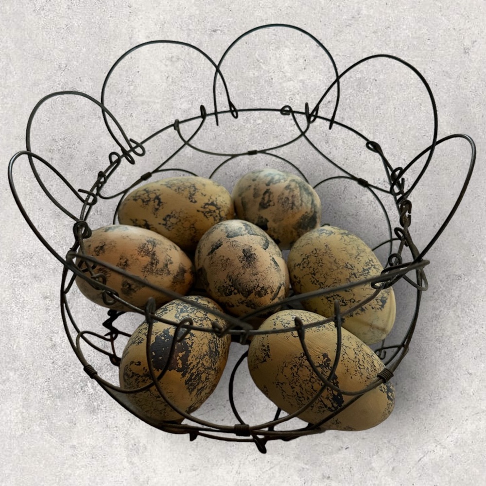 Antique Folding Wire Egg Basket & Wooden Eggs